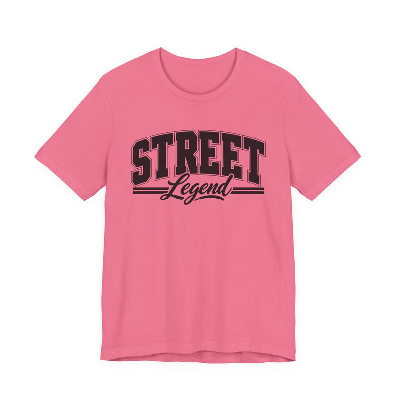 T-Shirt product with collegiate lettering reading STREET LEGEND, flat lay.
