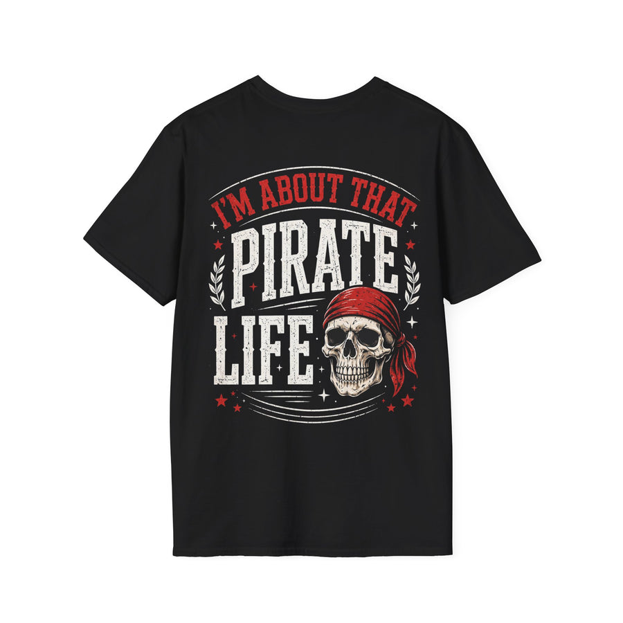 Black t-shirt with multicolor retro I'M ABOUT THAT PIRATE LIFE lettering and skull graphic, front view.