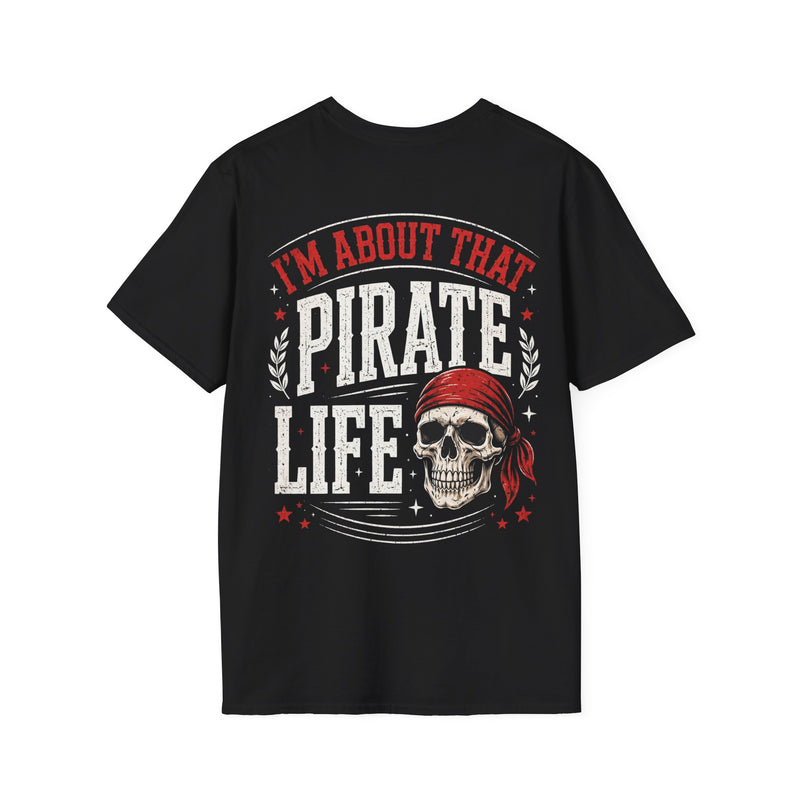Black t-shirt with multicolor retro I'M ABOUT THAT PIRATE LIFE lettering and skull graphic, alternate view.