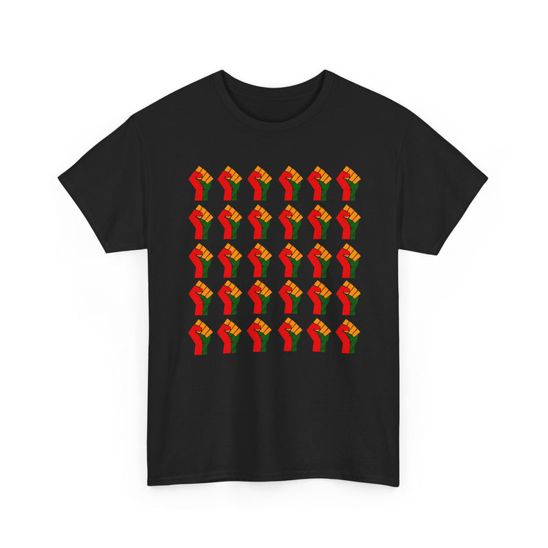 Black t-shirt with a dense 6-by-5 grid pattern of thirty red, black, and green raised-fist icons, front view.