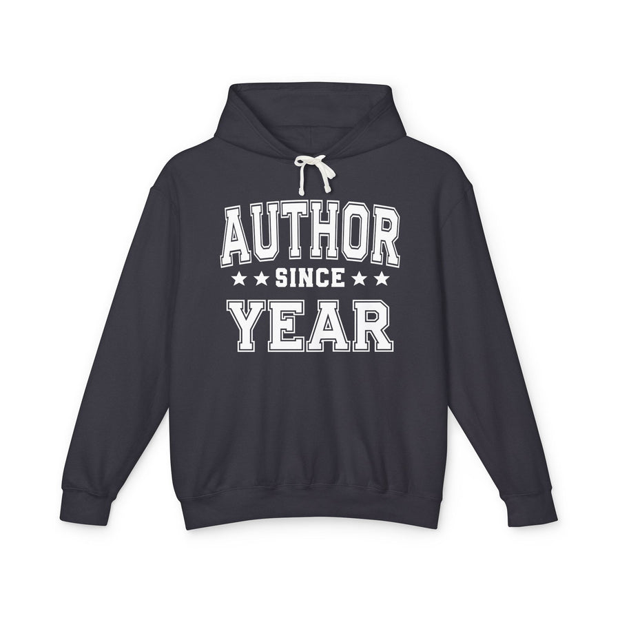 AUTHOR SINCE [year] collegiate text design — hoodie in charcoal, front view, product mockup on white background