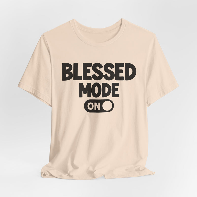 T-Shirt with text design reading “PRAISE MODE ON”, front view