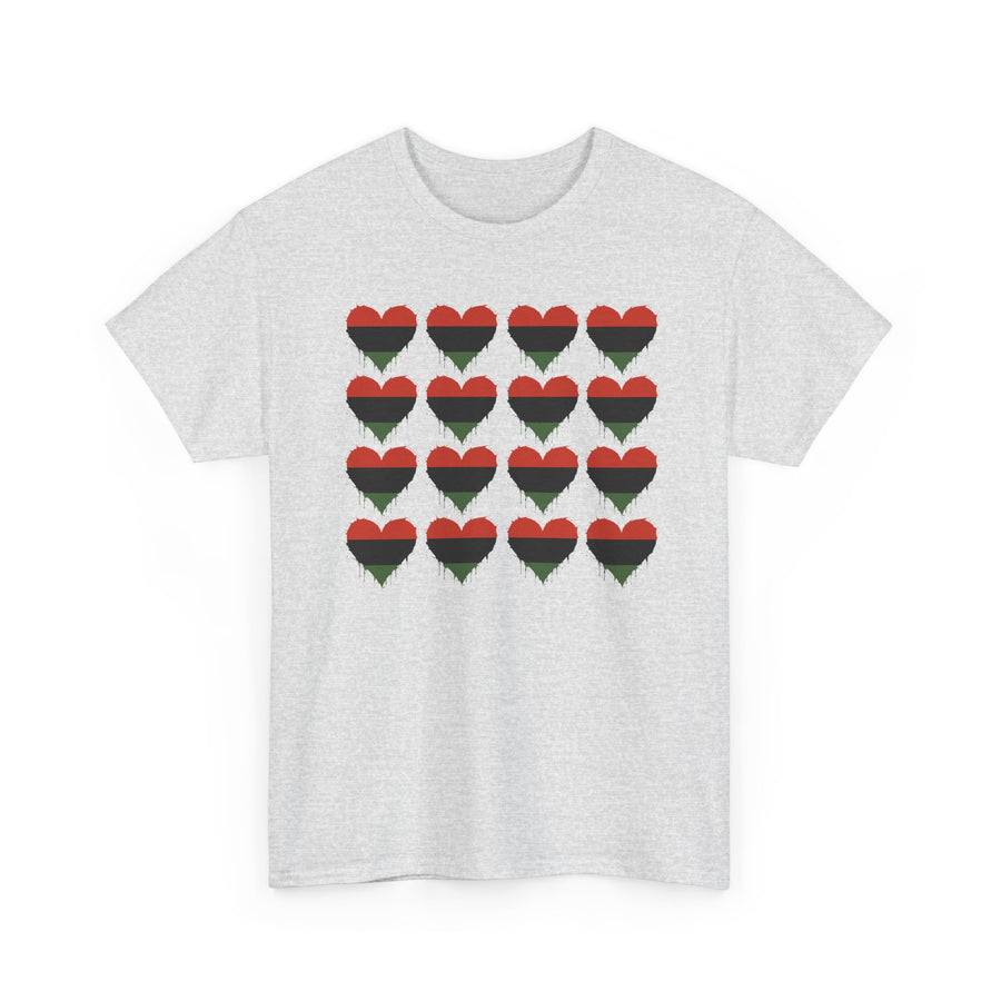 White t-shirt with a 4x4 grid of sixteen distressed red, black, and green striped hearts, front view.