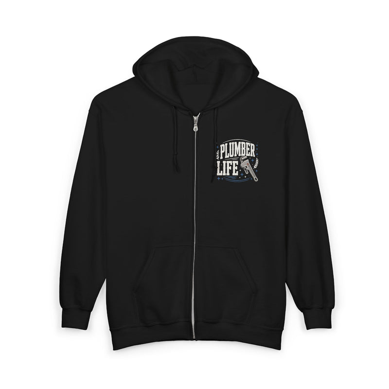 Black zip hoodie with blue and white bubble lettering reading PLUMBER LIFE, front view with small left-chest print.