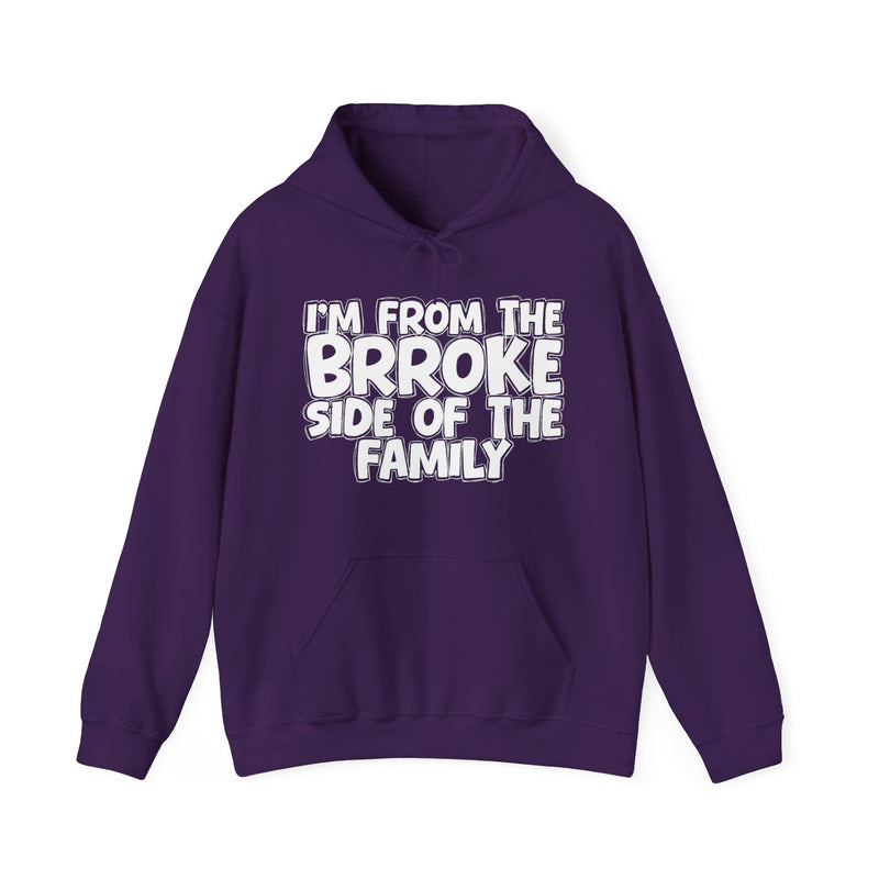 Navy hoodie with 'I'M FROM THE BRROKE SIDE OF THE FAMILY' in white hand-drawn bubble lettering on the chest, front flat-lay mockup view.