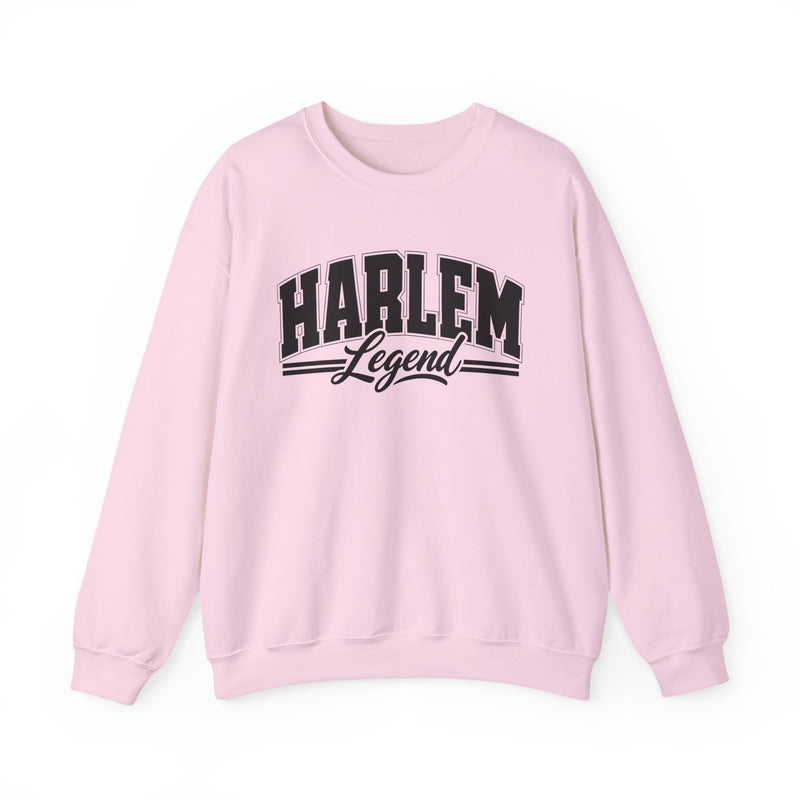 Sweatshirt product with collegiate lettering reading HARLEM LEGEND, flat lay.