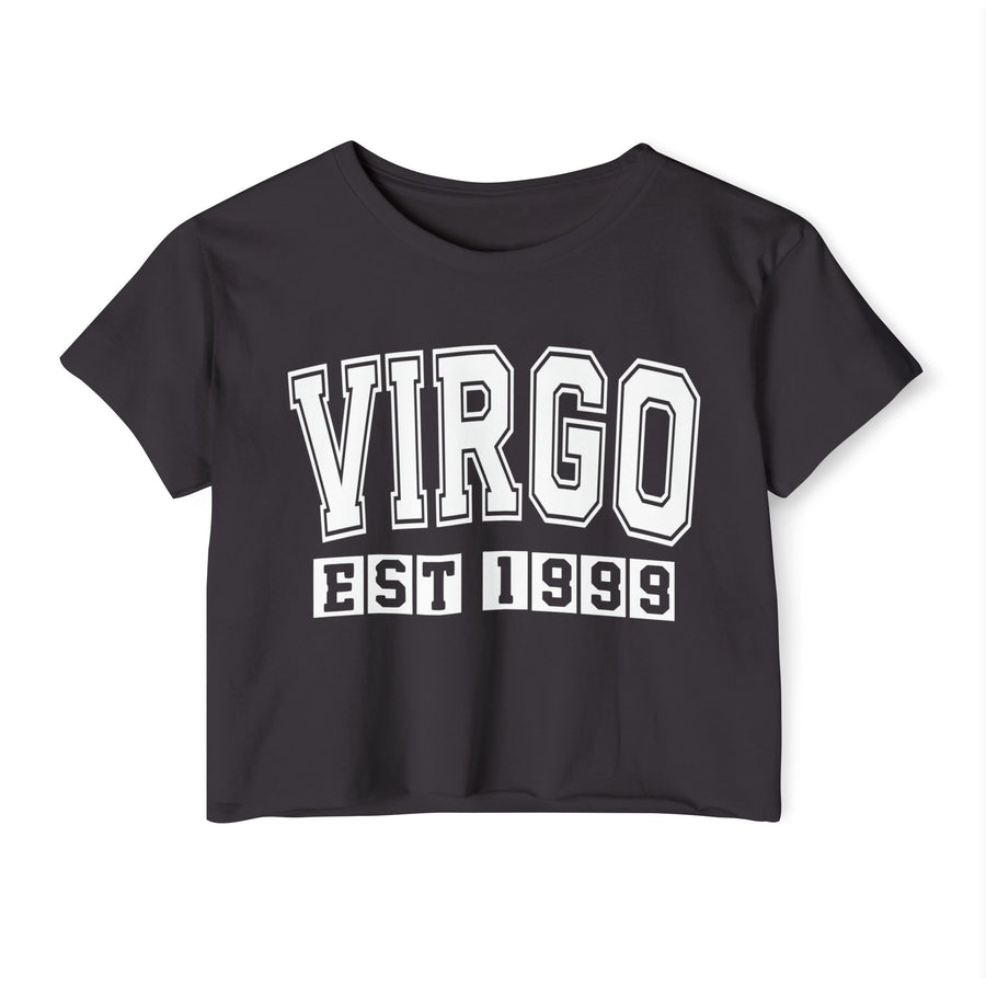 Black crop top with white arched VIRGO lettering and boxed EST 1999 print, front view.