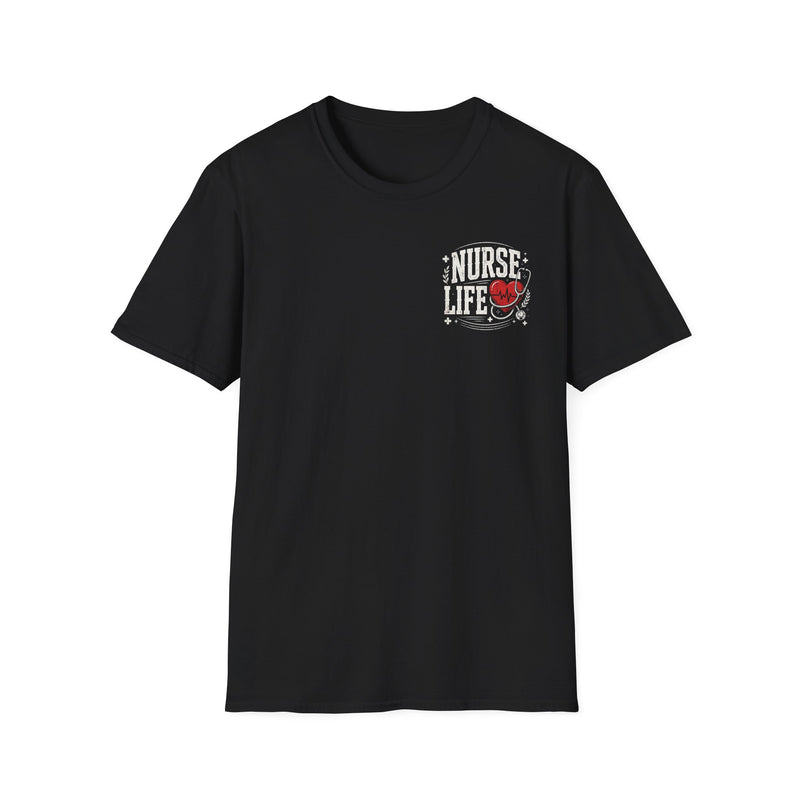 Black-color tee with red and white lettering reading I'M ABOUT THAT NURSE LIFE, flat product.