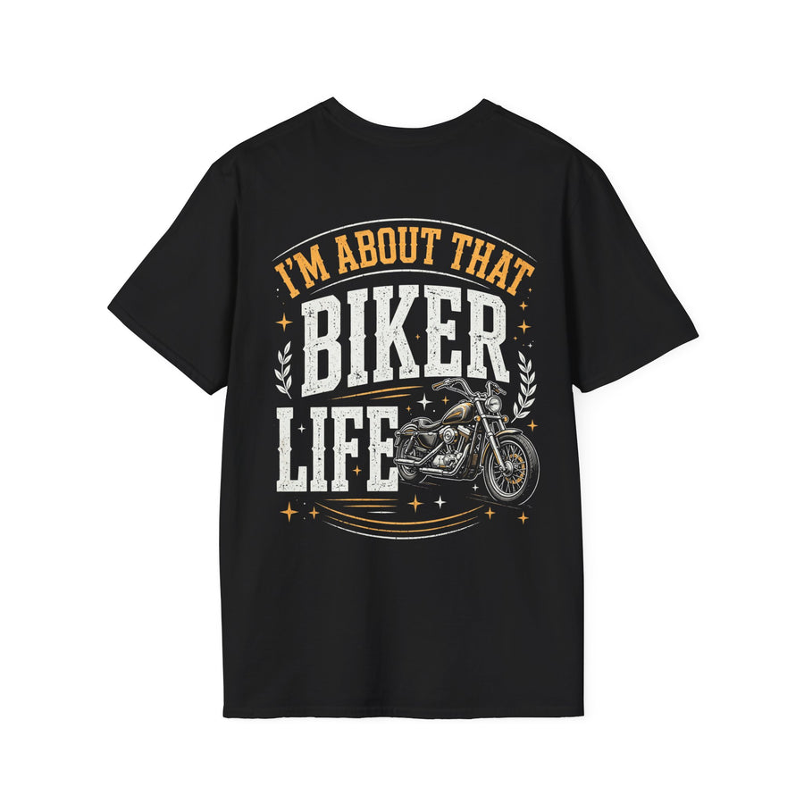 Black t-shirt with white and gold western lettering reading "I'M ABOUT THAT BIKER LIFE", back flat-lay view.