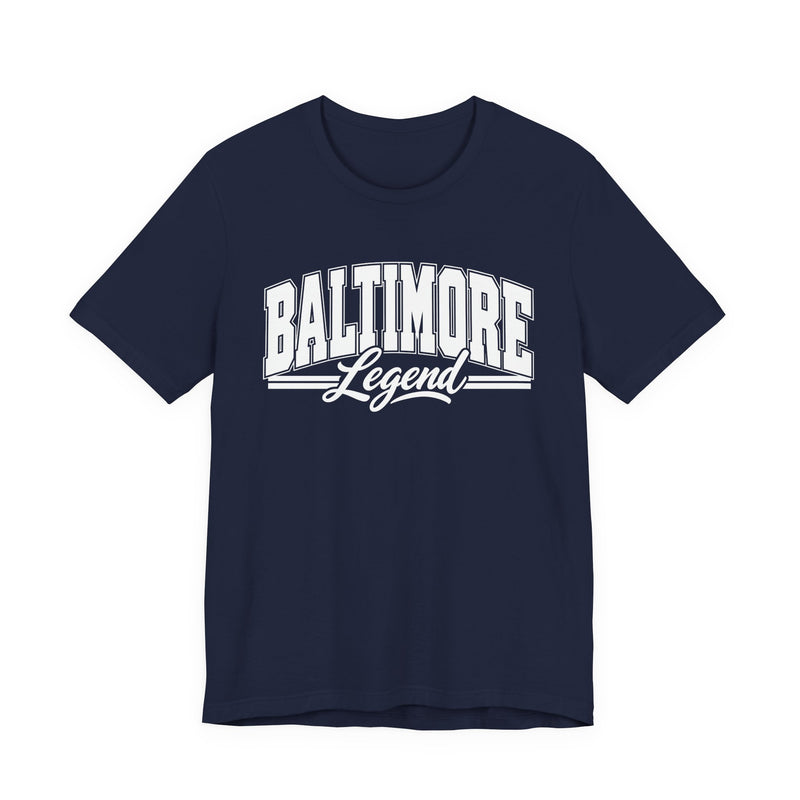 T-Shirt product with collegiate lettering reading BALTIMORE LEGEND, alternate view.
