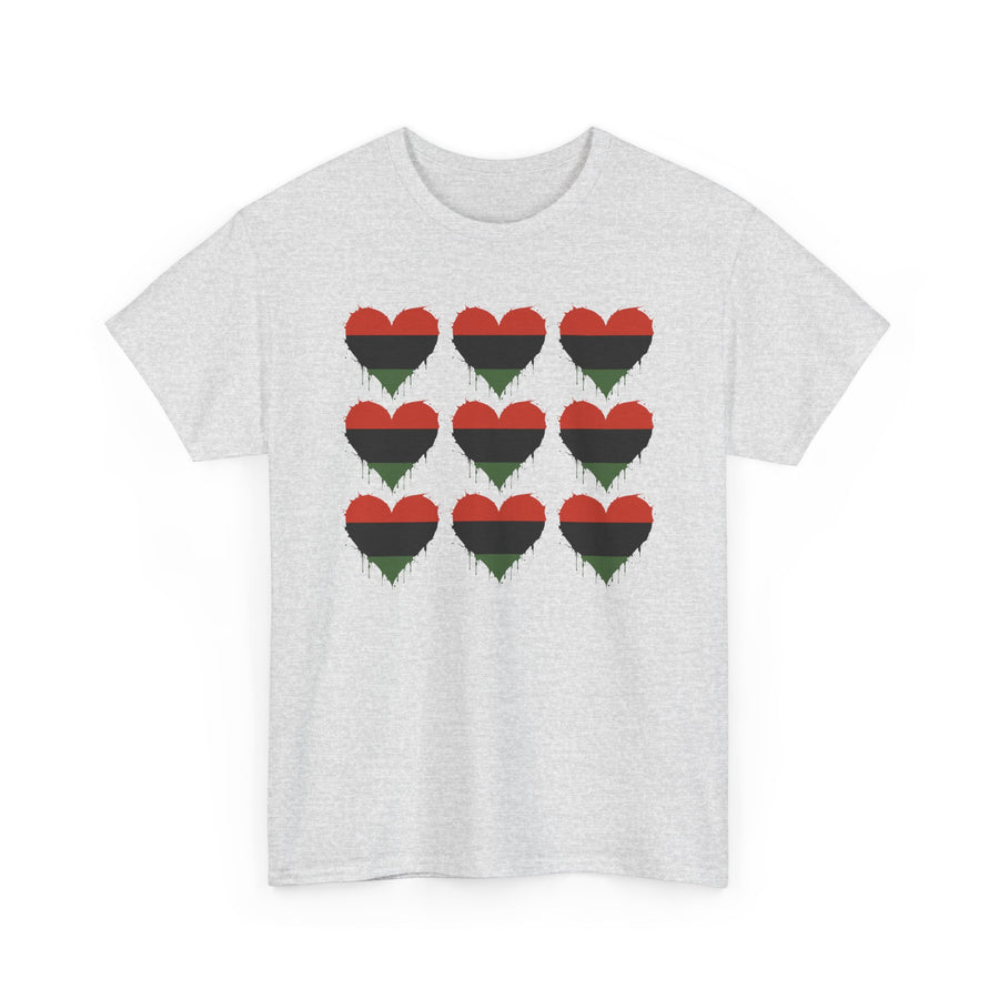 White t-shirt with a 3x3 grid of nine distressed red, black, and green striped hearts, front view.