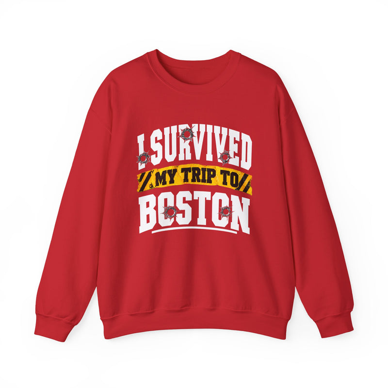 Sweatshirt product with collegiate lettering reading I SURVIVED MY TRIP TO BOSTON, on-model view.