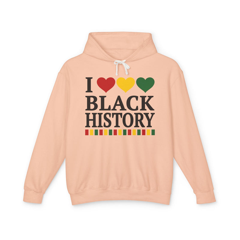 Front flat-lay of the I Love Black History hoodie in Peachy: black 'I' with red, gold, and green hearts above black 'BLACK HISTORY' collegiate lettering, with a red, gold, and green stripe bar beneath the text.