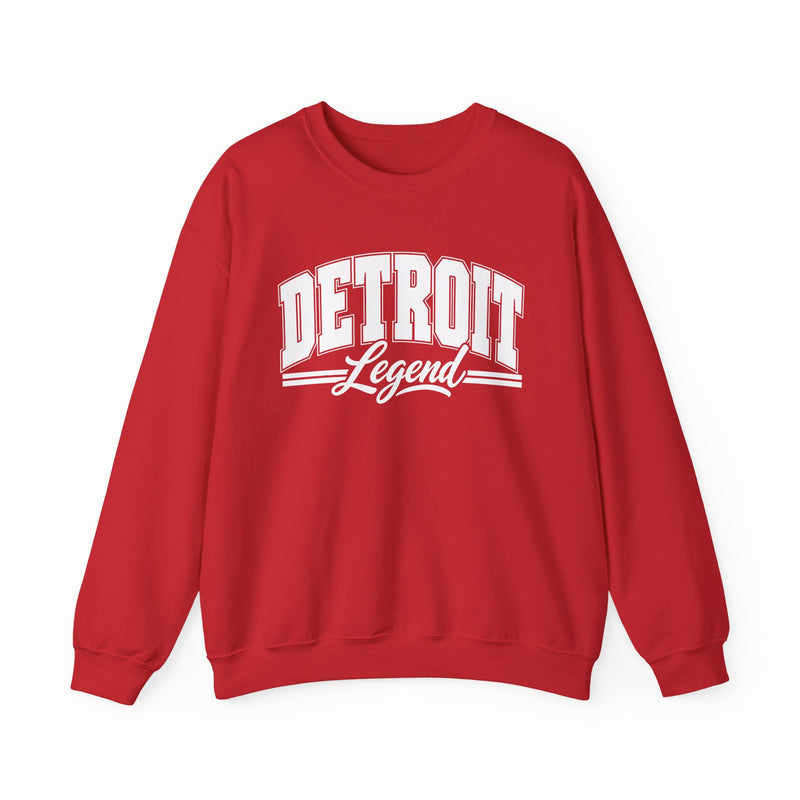 Sweatshirt product photo with arched collegiate block lettering reading "DETROIT" with the word "Legend" in script beneath, front view.