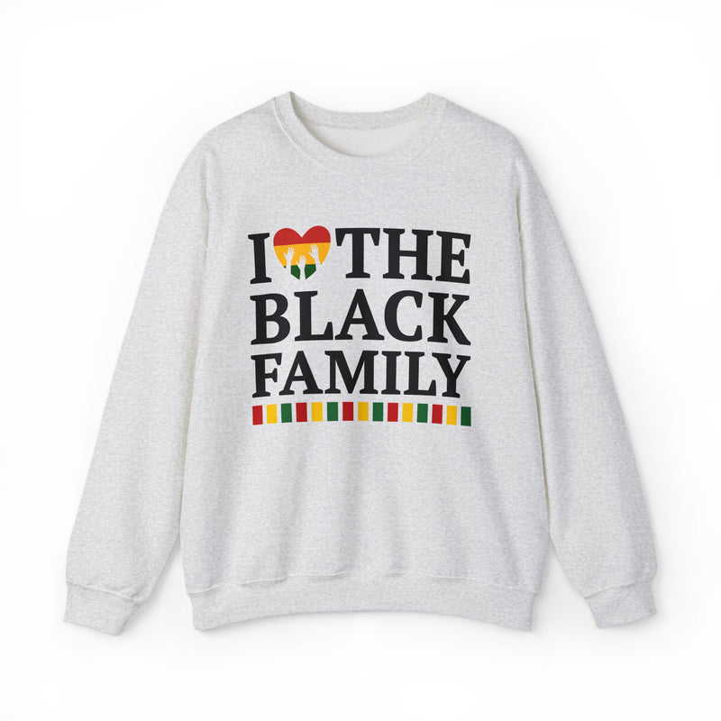 I Love The Black Family — Sweatshirt fabric detail close-up: lettering reading 'I LOVE THE BLACK FAMILY'. Street Talk Designs family statement apparel.