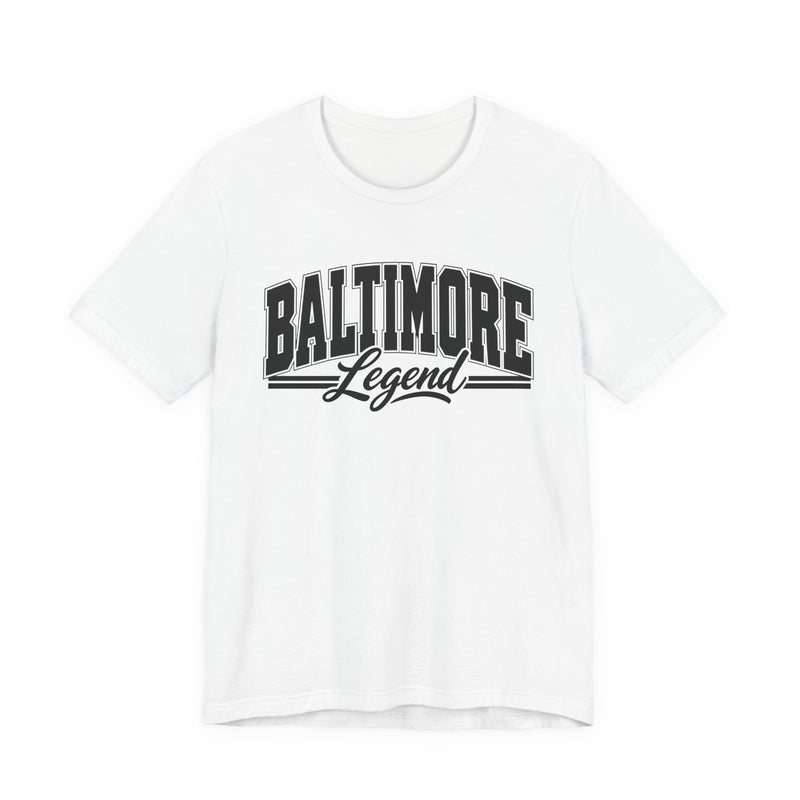 T-Shirt product with collegiate lettering reading BALTIMORE LEGEND, alternate view.