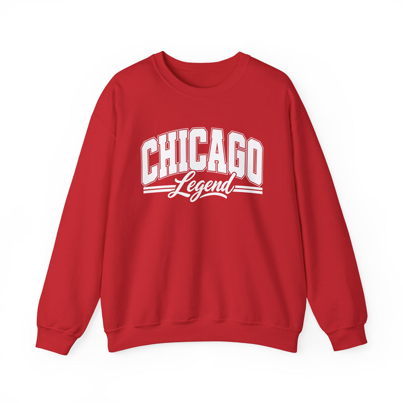 Sweatshirt product with collegiate lettering reading CHICAGO LEGEND, on-model view.
