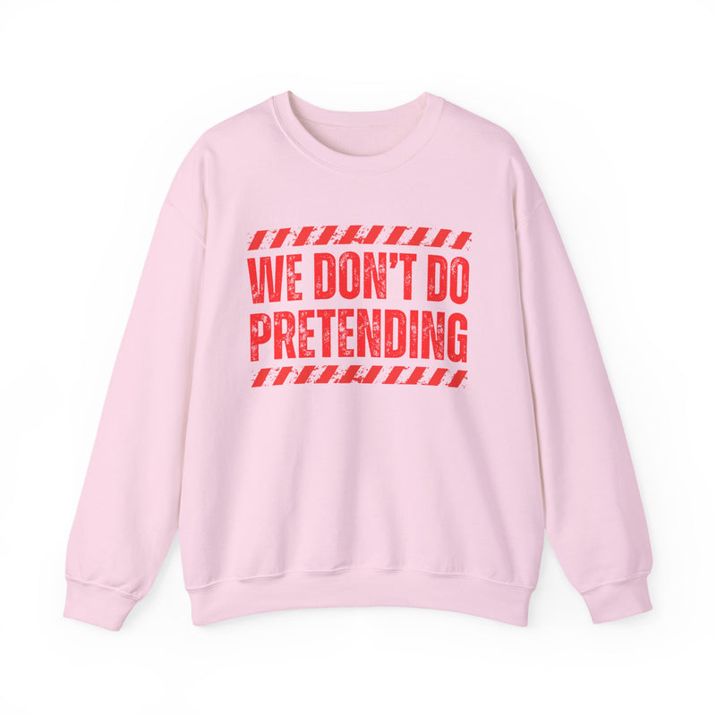 Navy sweatshirt with yellow bubble lettering reading WE DON'T DO PRETENDING, alternate view.