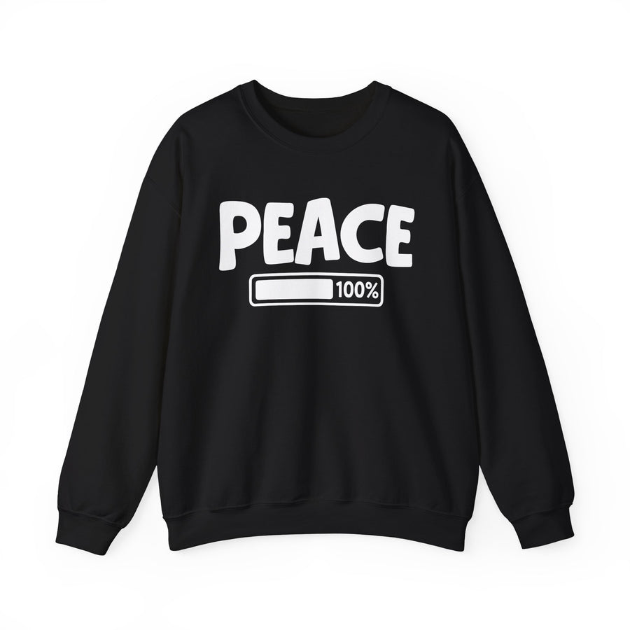 Sweatshirt in Black with lettering reading Peace 100% Loaded, front view