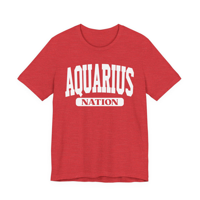 Red T-shirt with white arched AQUARIUS collegiate lettering and NATION banner below, front view