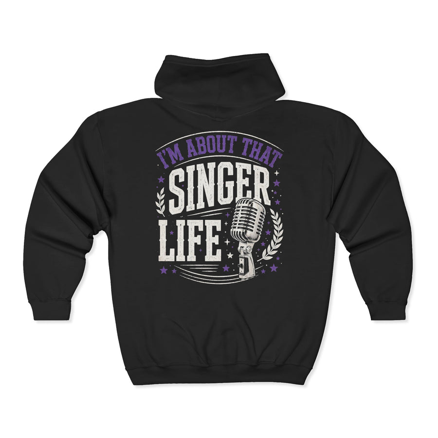 Charcoal hoodie with white and purple bubble lettering reading I'M ABOUT THAT SINGER LIFE, back.