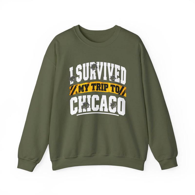 Sweatshirt with bold lettering reading I SURVIVED MY TRIP TO CHICAGO, product view.