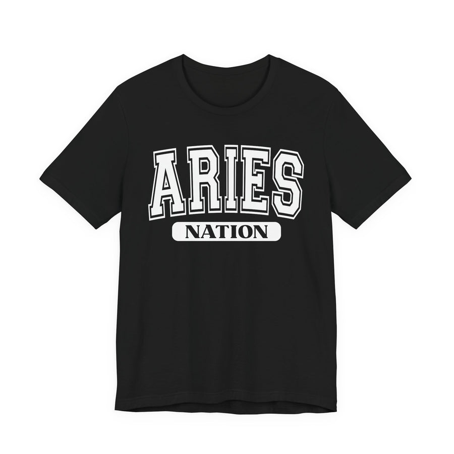 Black t-shirt with white arched collegiate ARIES lettering and boxed NATION banner, front view.