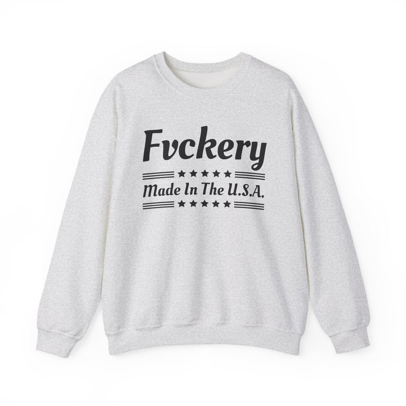 Fuckery Made In The USA — Sweatshirt fabric detail close-up: FUCKERY MADE IN THE USA in bold statement lettering. Street Talk Designs politics and power statement apparel.