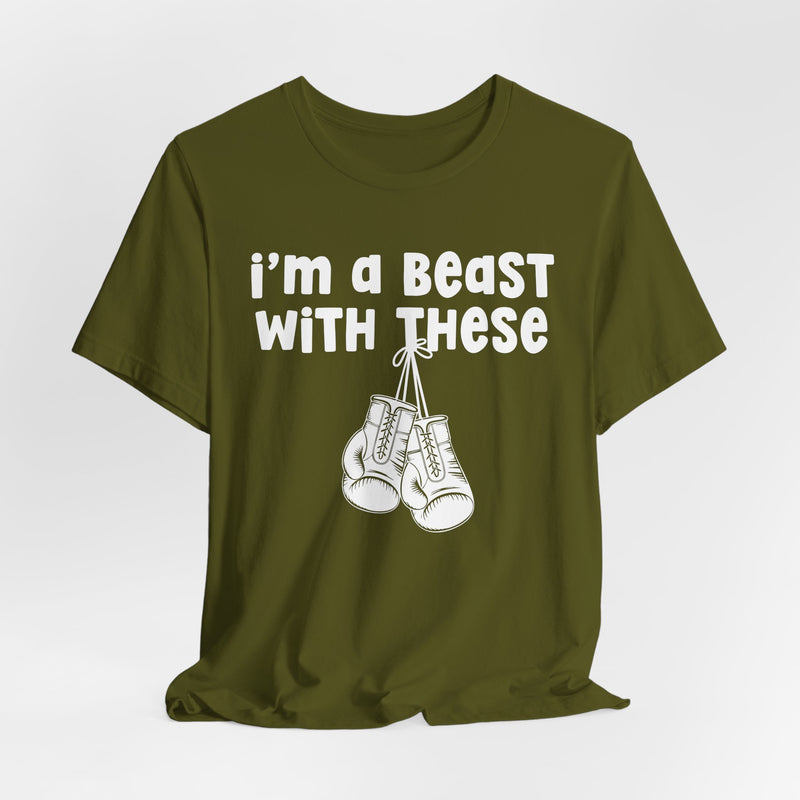 Charcoal t-shirt with boxing gloves and sand collegiate lettering reading I'M A BEAST WITH THESE, flat-lay view.