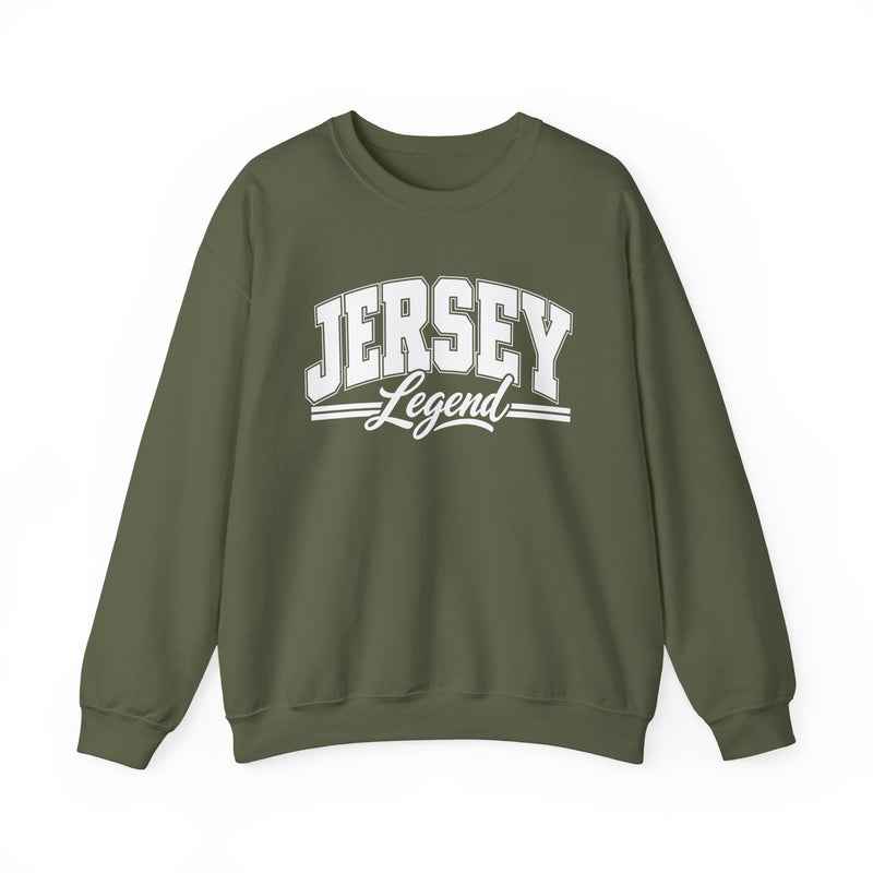 Sweatshirt product photo with arched collegiate block lettering reading "JERSEY" with the word "Legend" in script beneath, front view.