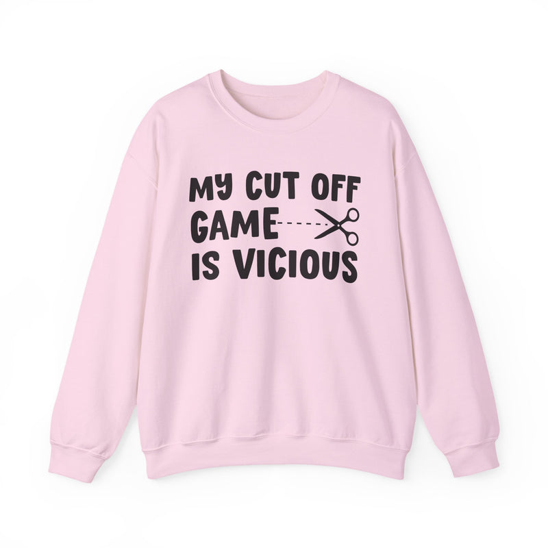 White sweatshirt with lightpink collegiate lettering reading MY CUTOFF GAME IS VICIOUS, flat-lay view.