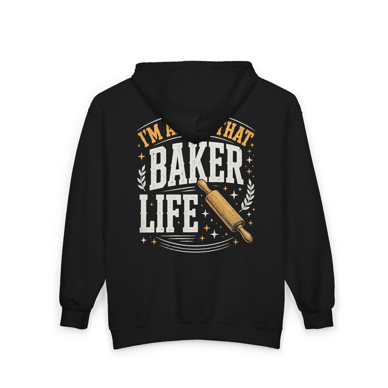 Black-color zip hoodie with gold and white lettering reading I'M ABOUT THAT BAKER LIFE, back.