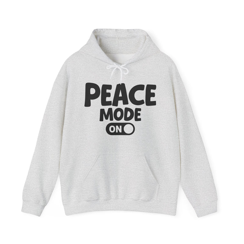 Hoodie in Ash with lettering reading "Peace Mode On", front view.