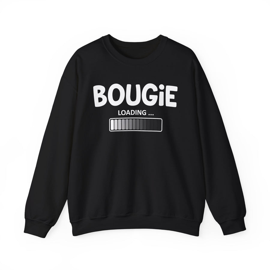 Black sweatshirt with milgreen collegiate lettering reading BOUGIE LOADING, front flat-lay view.