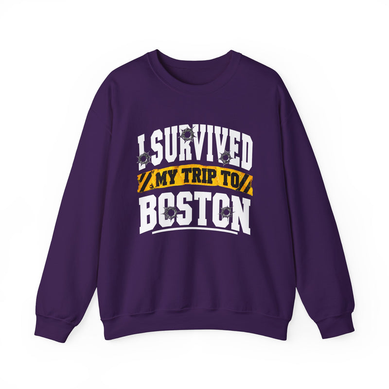 Sweatshirt product with collegiate lettering reading I SURVIVED MY TRIP TO BOSTON, alternate view.