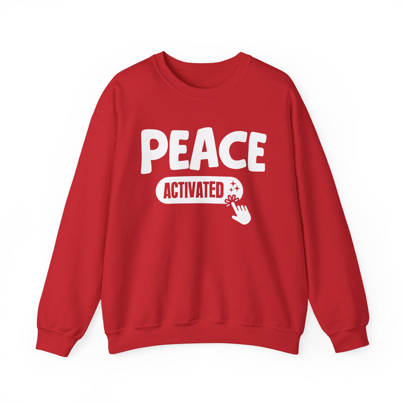 Sweatshirt in Red with lettering reading "PEACE ACTIVATED", front view.