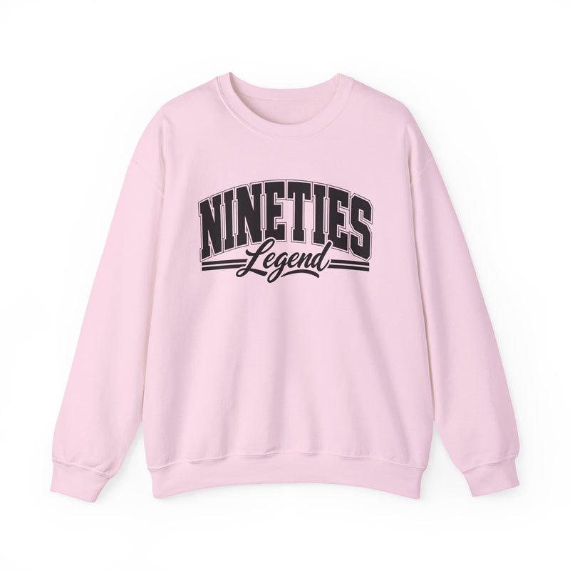 Sweatshirt with bold lettering reading NINETIES LEGEND, product view.
