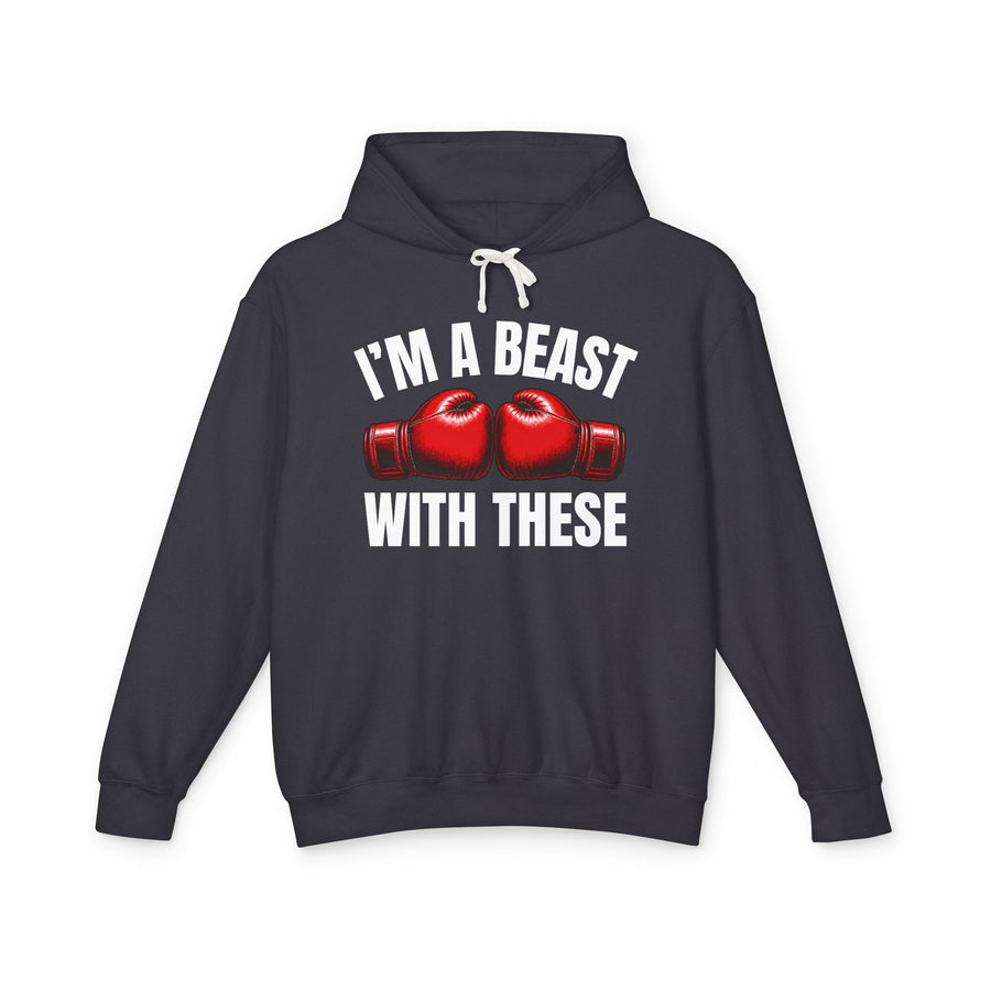 Hoodie with bubble lettering and red boxing gloves graphic reading "I'M A BEAST WITH THESE", front view.