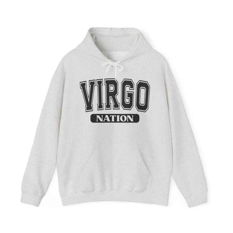 Ash hoodie with black arched collegiate VIRGO lettering over a NATION banner, front view.