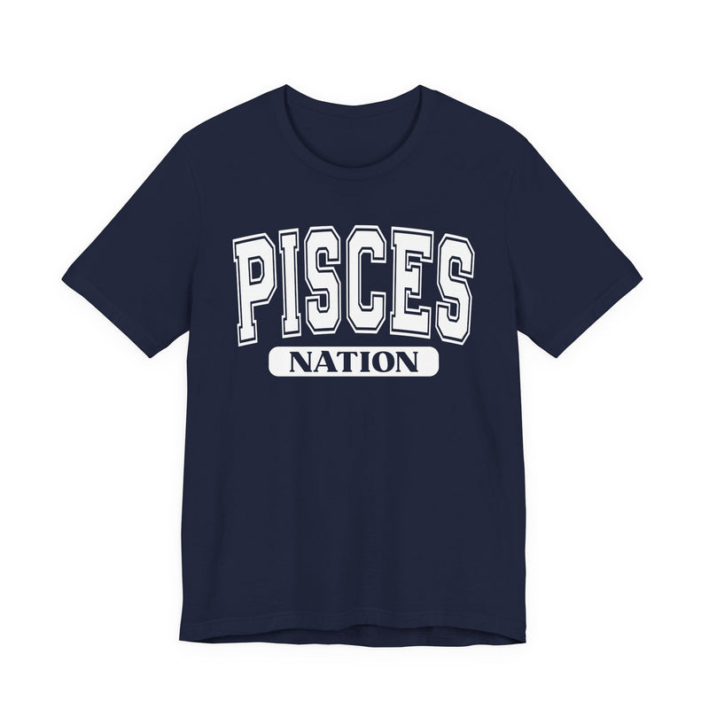 Navy T-shirt with white arched collegiate PISCES lettering and boxed NATION print, front view.