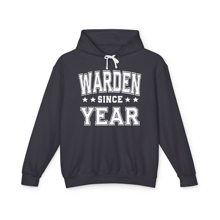 Dark heather hoodie with WARDEN SINCE collegiate graphic with personalized year, front view.