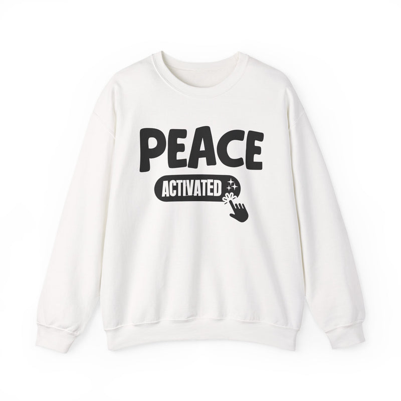 Sweatshirt product with white and teal lettering reading PEACE ACTIVATED, alternate view.