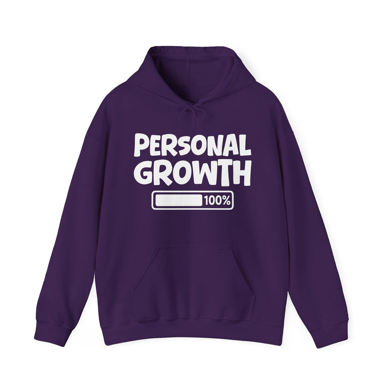 Hoodie in Purple with lettering reading "PERSONAL GROWTH 100% LOADED", front view.