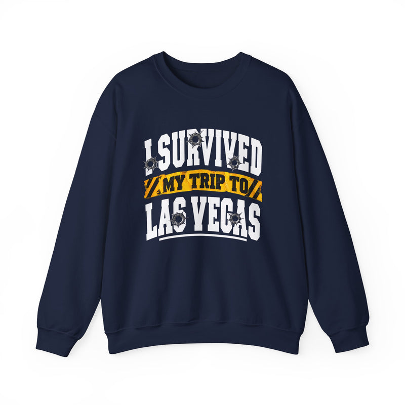 Sweatshirt with collegiate lettering reading I SURVIVED MY TRIP TO LAS VEGAS, front view.
