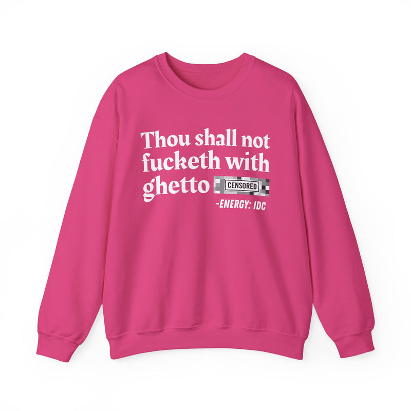T-Shirt with text design reading “THOU SHALL NOT FUCKETH WITH GHETTO CENSORED BITCH VINTAGE FUNNY BIBLE PRINT SLOGAN T-SHIRT V2”, front view