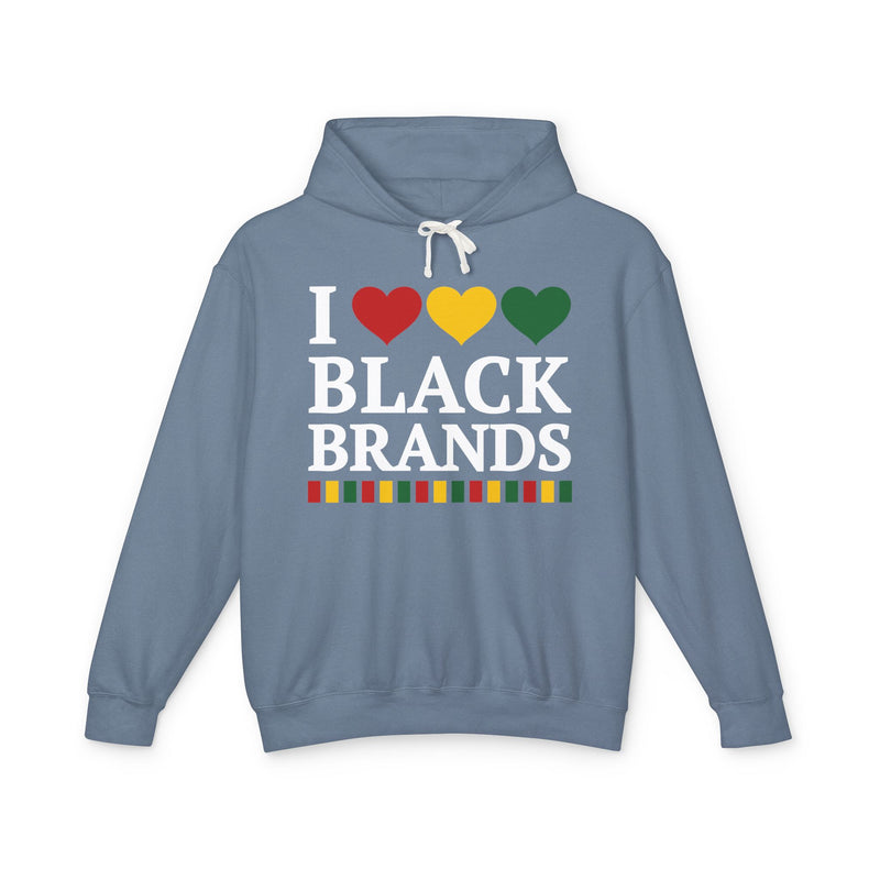 Front flat-lay of the I Love Black Brands hoodie in Blue Jean: white 'I' with red, gold, and green hearts above white 'BLACK BRANDS' collegiate lettering, with a red, gold, and green stripe bar beneath the text.