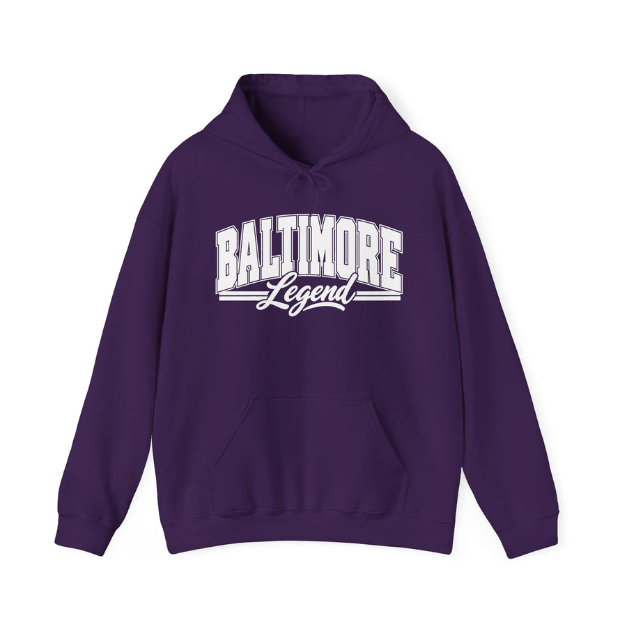 Hoodie product with collegiate lettering reading BALTIMORE LEGEND, front view.