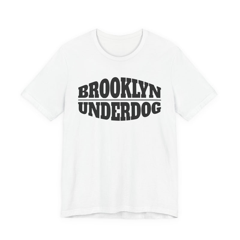 White T-shirt with black arched BROOKLYN and inverted-arch UNDERDOG collegiate print, front flat-lay view