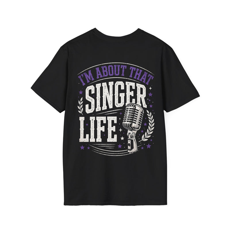 Black t-shirt with purple and white lettering reading "I'M ABOUT THAT SINGER LIFE", back view.