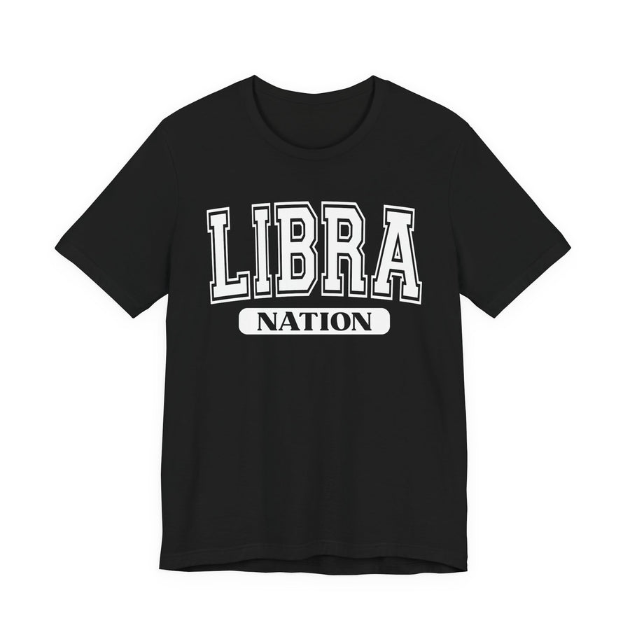 Black T-shirt with white arched collegiate LIBRA lettering and boxed NATION print, front view.